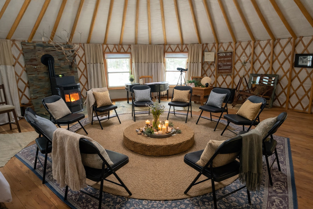 A circle of chairs inside a warmly lit yurt at The Gentle Wild, prepared for a small listening and storytelling gathering.