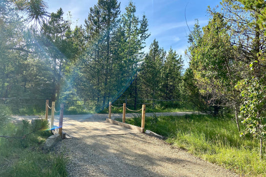 Light marking the middle of a wooden bridge at a crossroads in the forest at Sign of the Pines Retreats