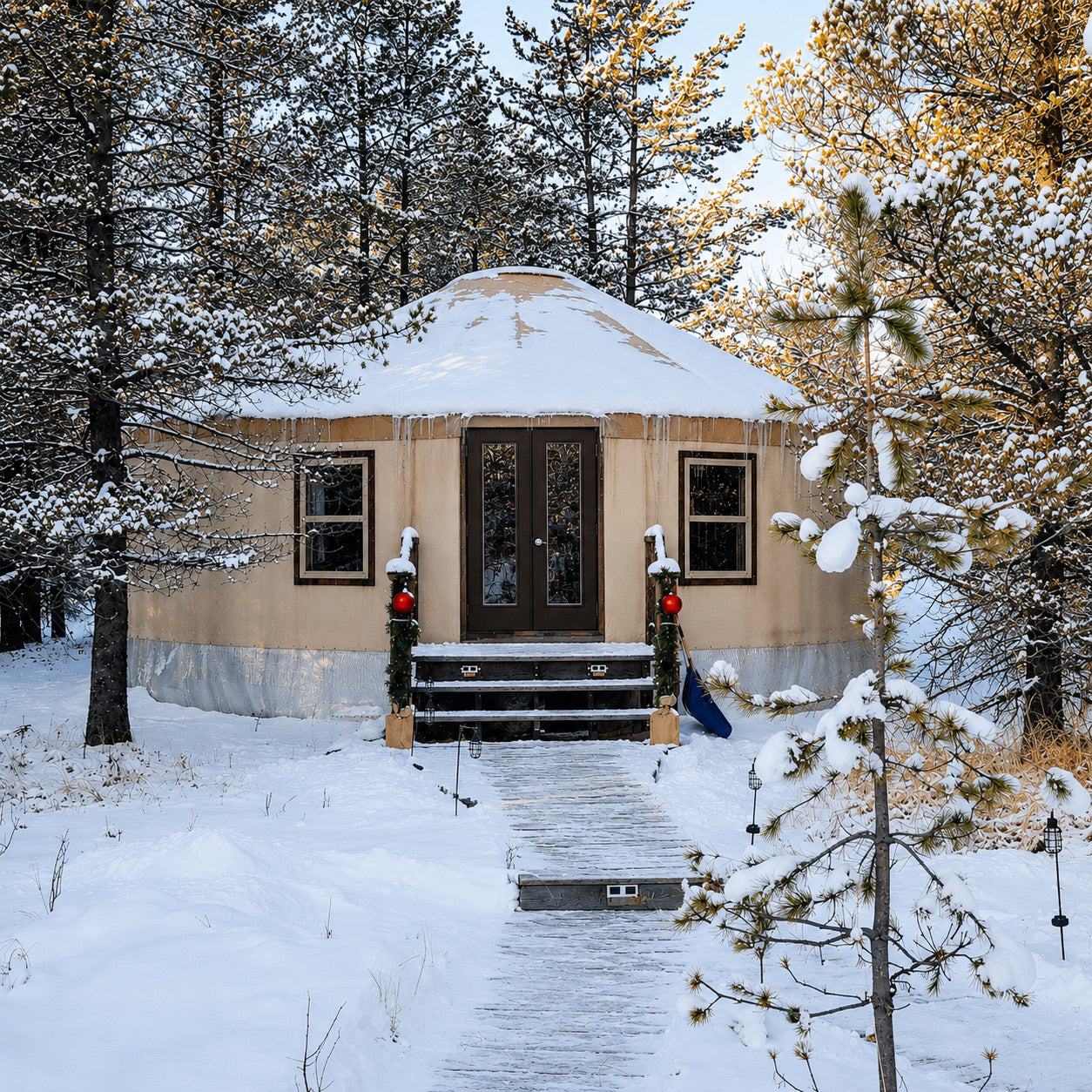 Yurt in a snowy forest setting with snow-covered trees.