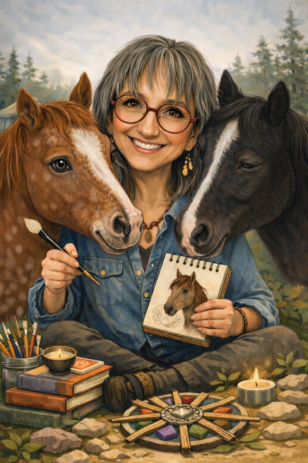 Illustration of Sherri with horses and creative tools in nature