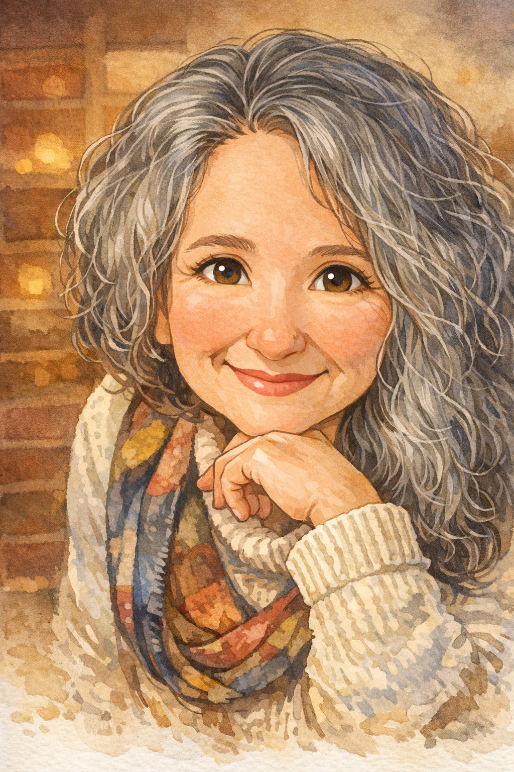 Illustration of a silver-haired woman with a colorful scarf against a wooden background at The Gentle Wild